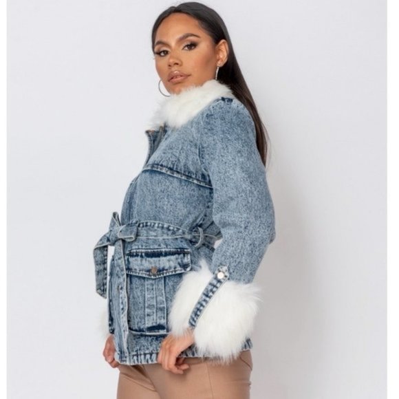 Long Sleeve Shearling Lined Faux Fur Collar and Cuff Denim Jeans Jacket - Picture 2 of 12